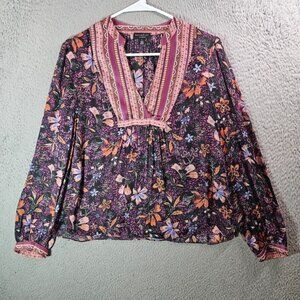 Current Air Top Blouse Women Small Floral Print Long Sleeve Purple Black